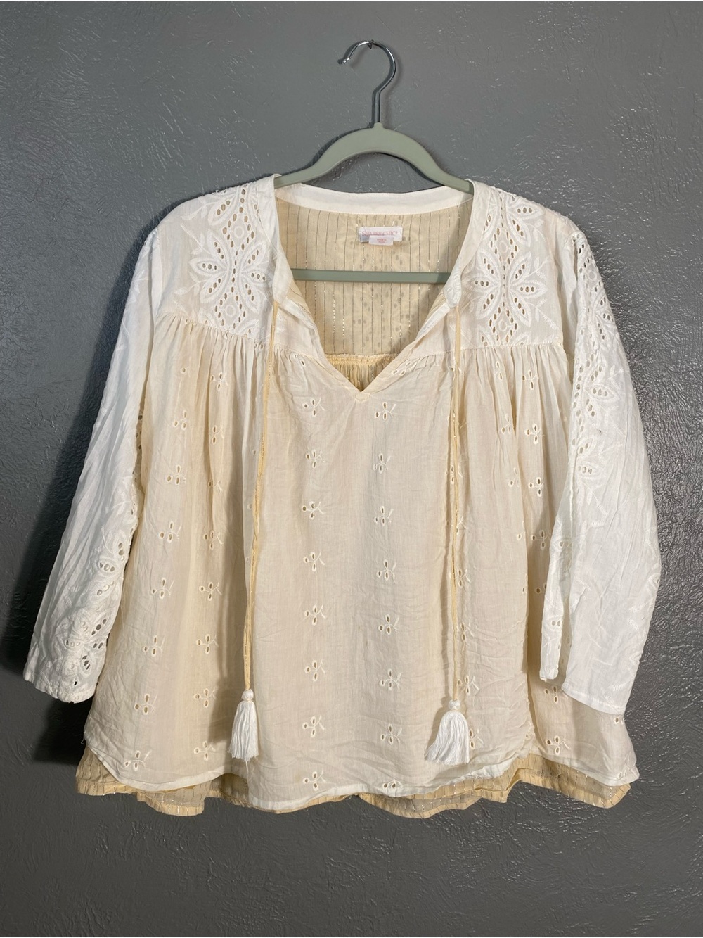 Shabby Chic 100% Cotton Eyelet Peasant Blouse Tassel Tie Ivory Medium